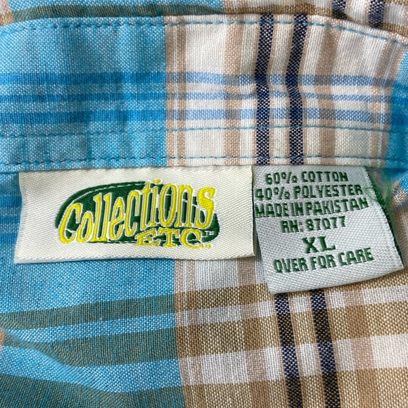 Collections etc cotton blend button down turquoise tan plaid shirt - Picture 3 of 10